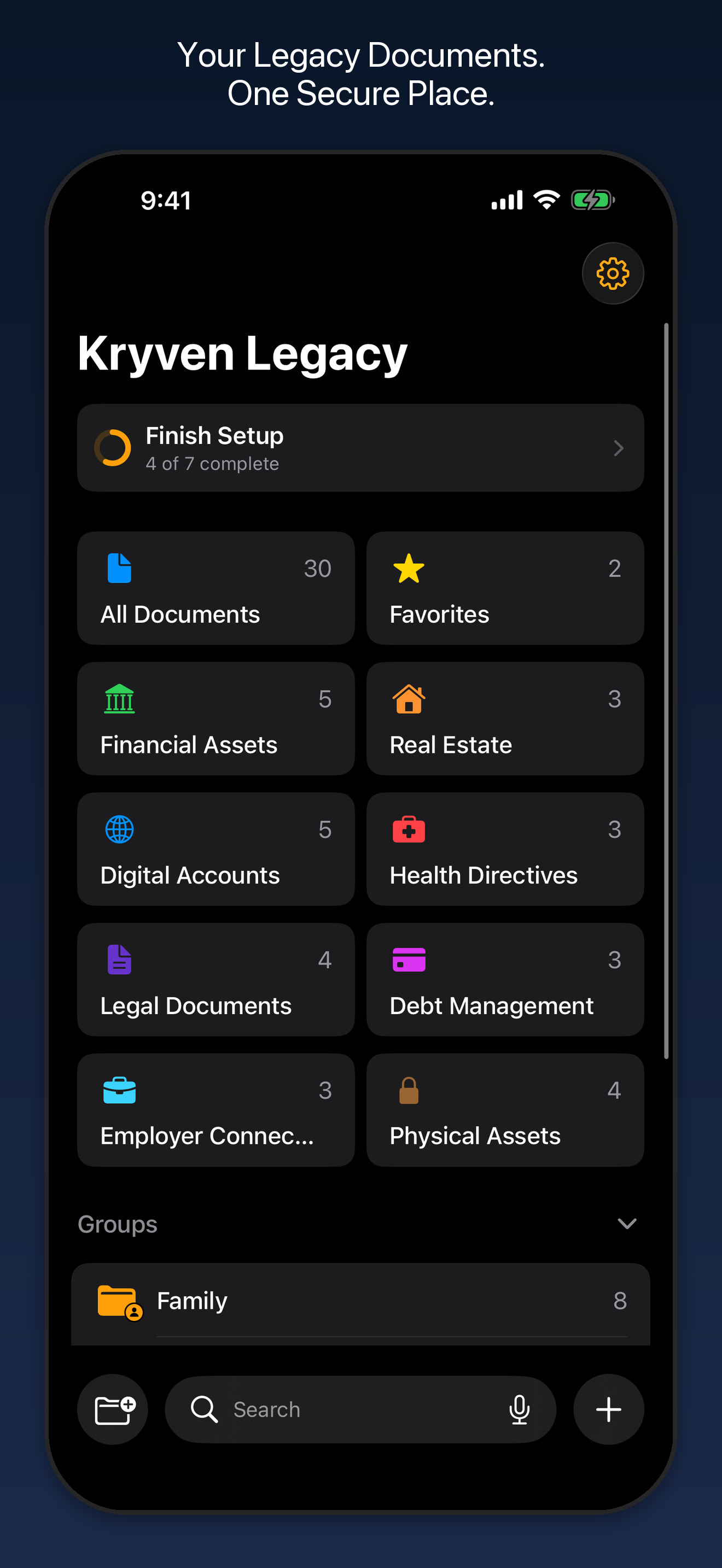 Kryven Legacy home screen with 8 legacy categories