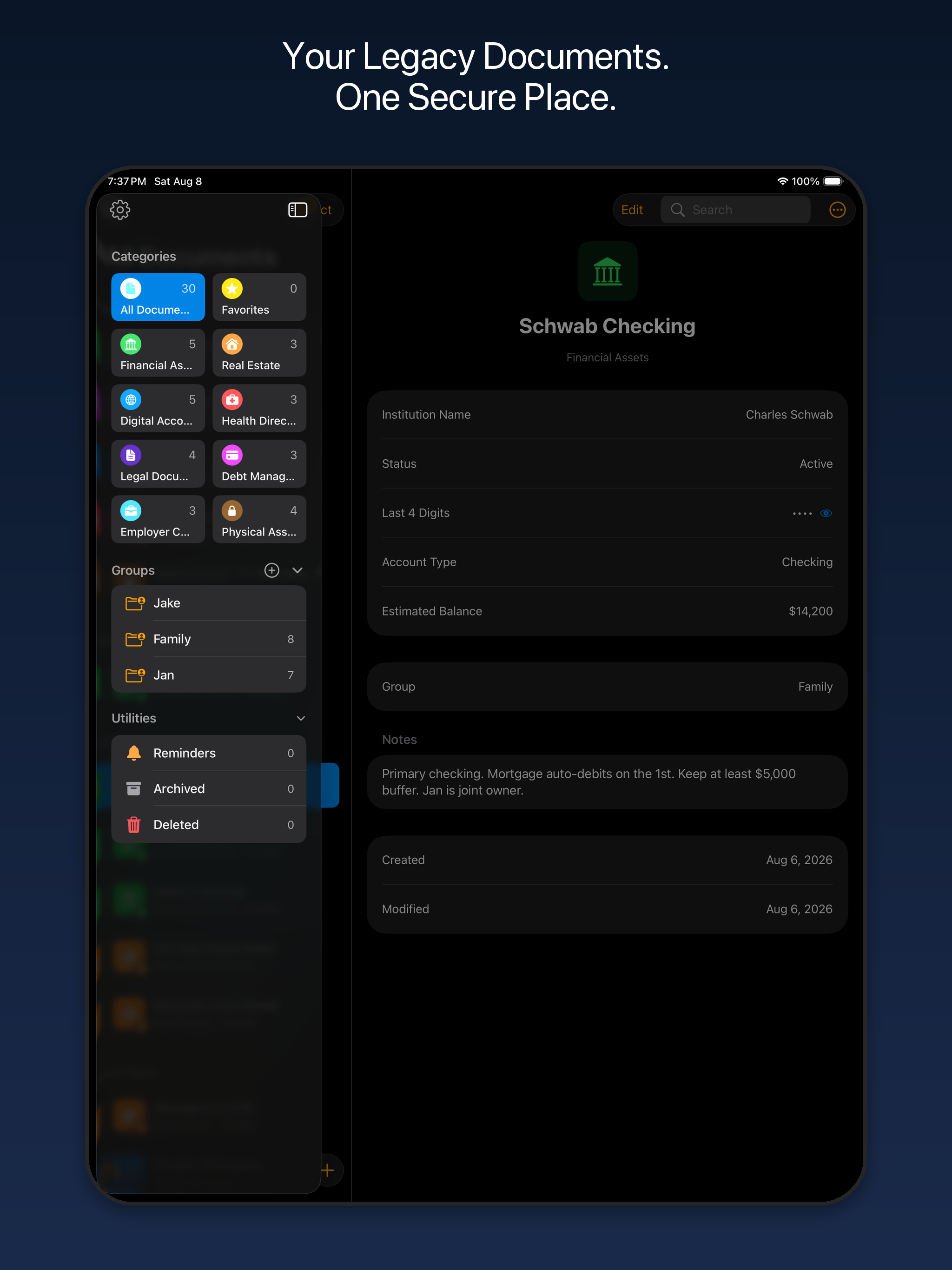 Kryven Legacy on iPad showing legacy categories