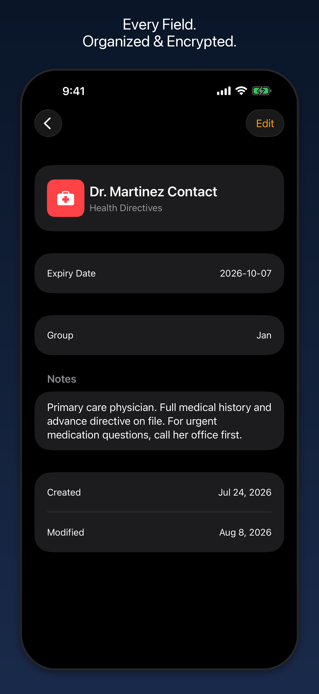 Document detail with structured fields