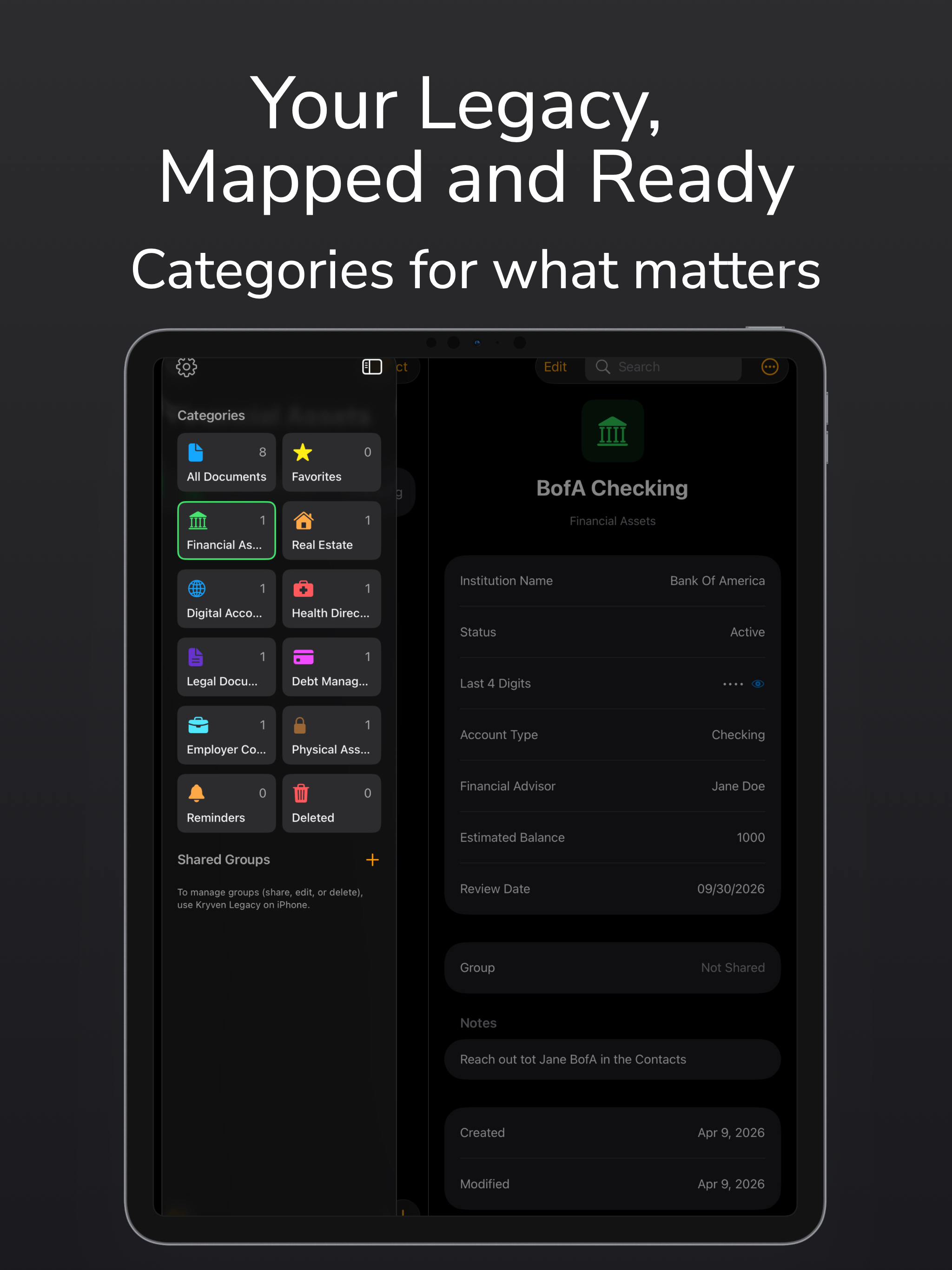 Kryven Legacy on iPad showing legacy categories