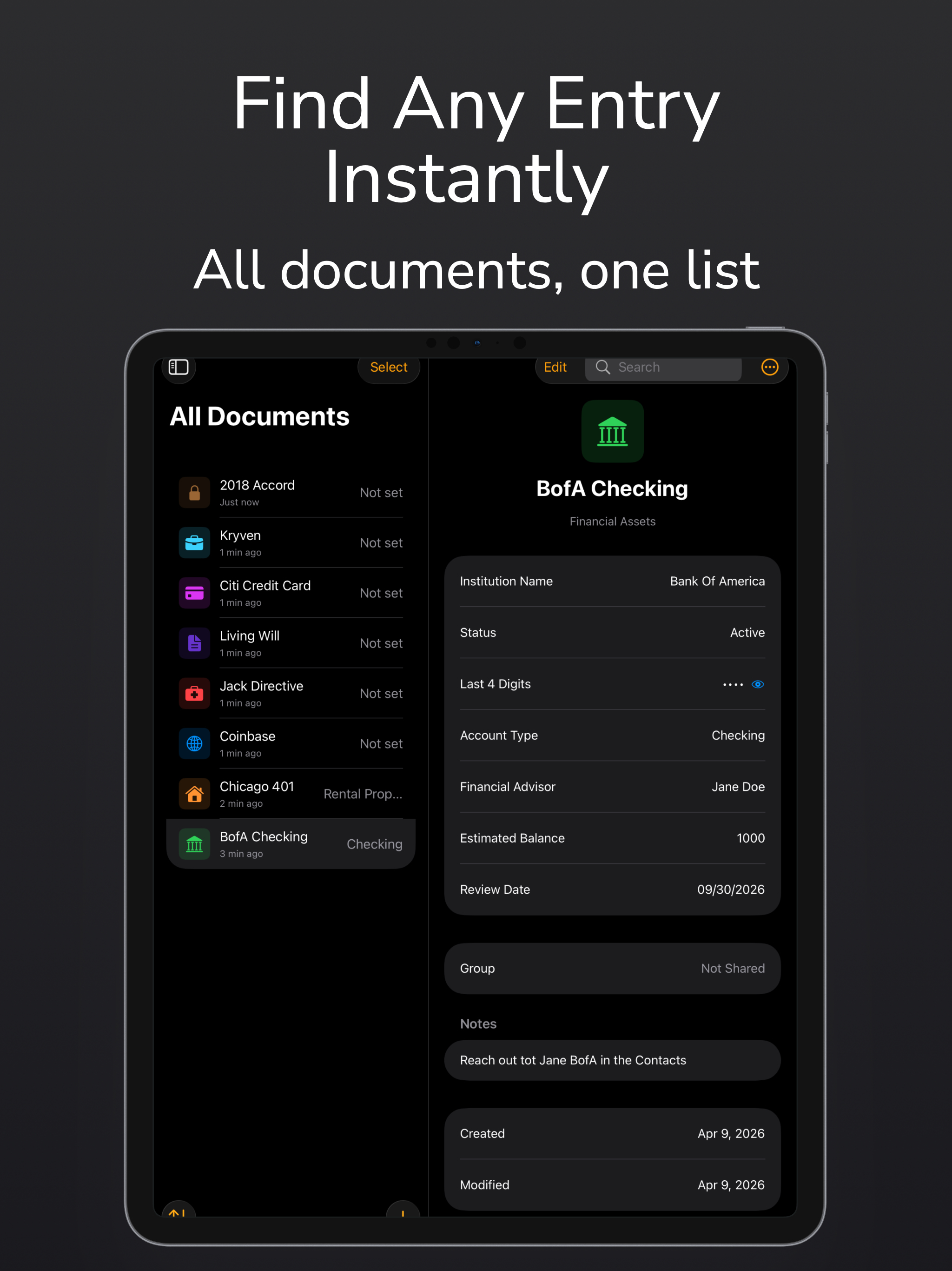 All entries list on iPad