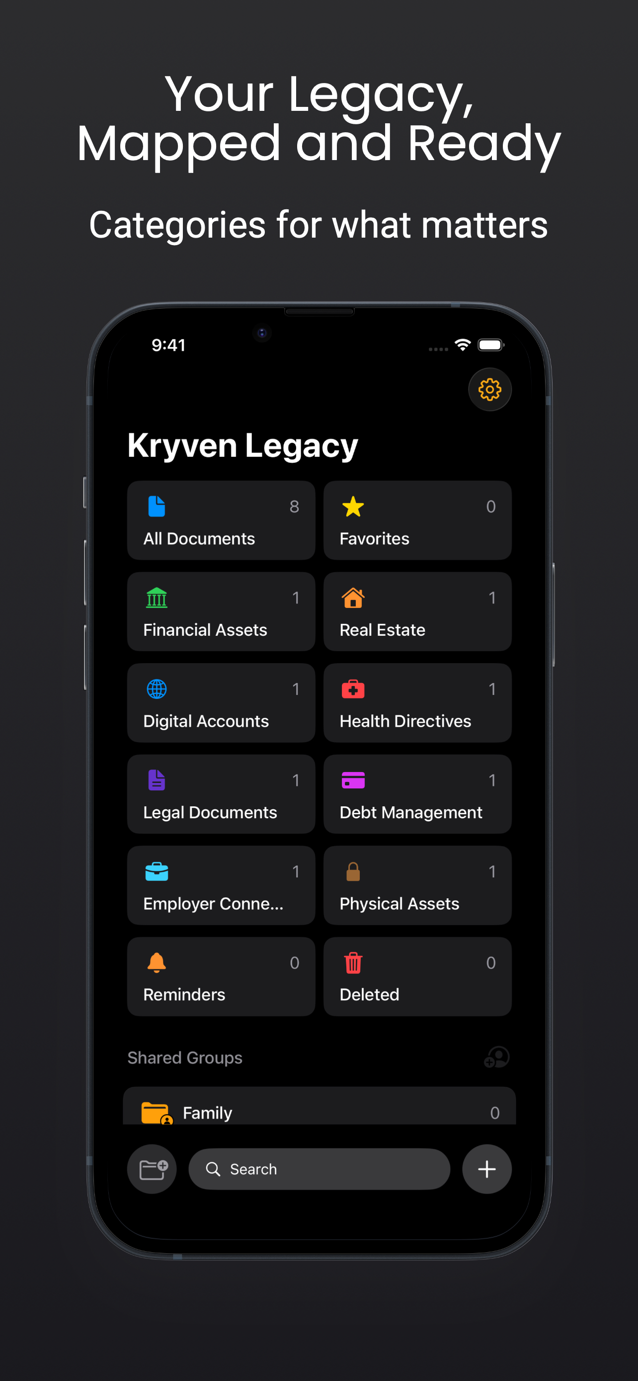 Kryven Legacy home screen with 8 legacy categories